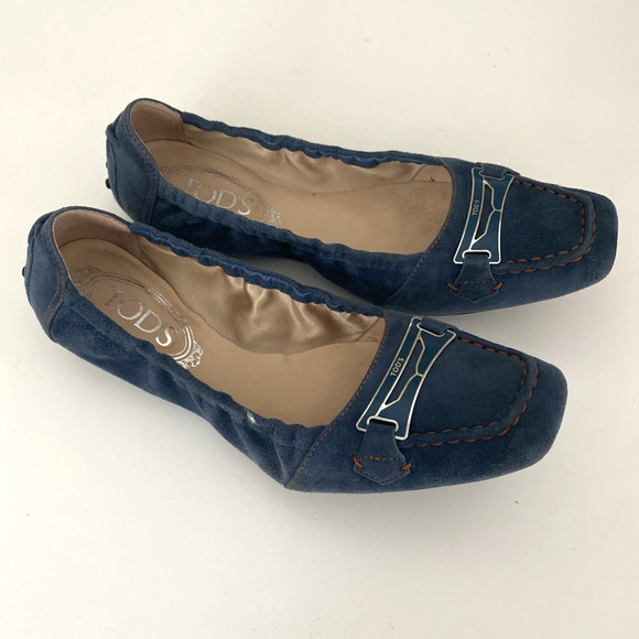 TOD's Ballet Flat Square Toe Blue Scrunch Elastic Suede Slip On Loafer 7.5 - Picture 2 of 12